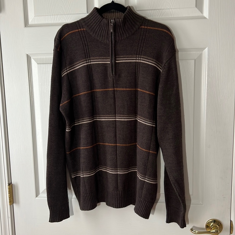 Oscar de la Renta Brown Ribbed 1/4 Zip Sweater Stripes,‎ Sz Large